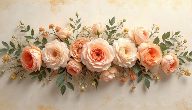 Floral arrangement with peach roses, green leaves on beige backdrop. Delicate blossoms in pastel colors create gentle composition for design projects. Romantic floral layout suitable for wedding,