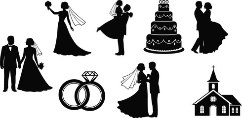 Wedding silhouette illustration, bride groom poses, romantic ceremony elements, cake and ring symbols, church scene artwork, flat vector illustration