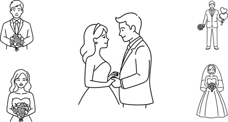 Wedding scene line art, bride and groom illustration, romantic ceremony moment, bouquet and balloon elements, black sketch, flat vector illustration