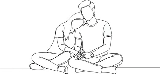 Couple sitting line art, emotional bonding pose, minimalist black sketch, love and comfort moment, intimate connection scene, flat vector illustration