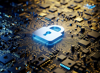 Glowing blue padlock symbol on a futuristic computer circuit board