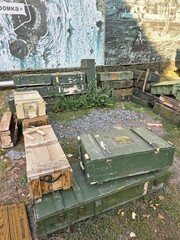 Wooden boxes from under shells used in the Russian-Ukrainian war.