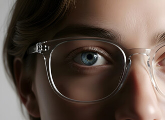 Close up of a young person s eye wearing clear framed glasses