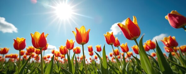 Low angle view of red and yellow tulips growing in a vast field under bright sunshine and clear blue sky. Green stems and leaves rise towards light.
