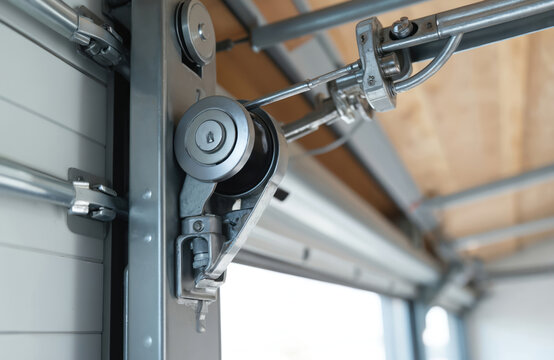 Automatic garage door mechanism close up detail. Metal roller wheel on steel track for new sectional overhead gate system. Professional installation, repair maintenance service for residential house.