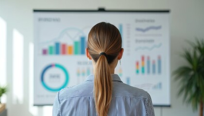 Woman presents business growth charts on whiteboard. Professional analyzes data, planning future strategy. Team meeting, corporate analytics, finance success, workplace collaboration.