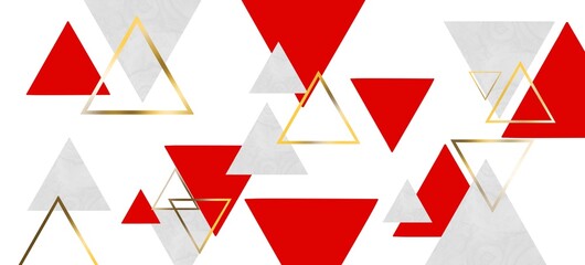 Abstract geometric background with red and gold triangles on white marble texture 