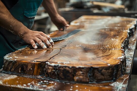 A skilled craftsman works diligently on a wooden slab, smoothing its surface with precision. The workshop is filled with tools and wood shavings, showcasing a creative process - Powered by Adobe