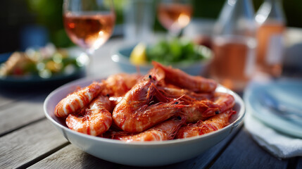 Ultra-detailed, sunlit photograph of a festive Australian Christmas lunch table, showcasing a large ceramic bowl filled with freshly cooked prawns as the central focus. The prawns