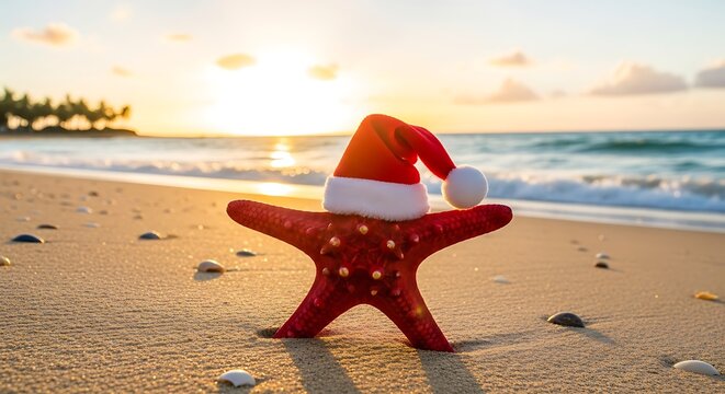 A festive starfish wearing a Santa hat sits on a beach at sunset, embodying a tropical Christmas.