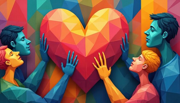 Illustration presents people holding a big colorful heart. Abstract figures share love care and support. The artwork shows community kindness and altruism. Visuals are vibrant.