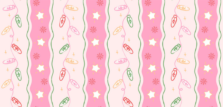 Seamless Christmas pattern with hand drawn festive light garland, stars and snowflakes on wavy pink stripes. Cute pastel holiday design, background for seasonal decorations, print, greeting cards.