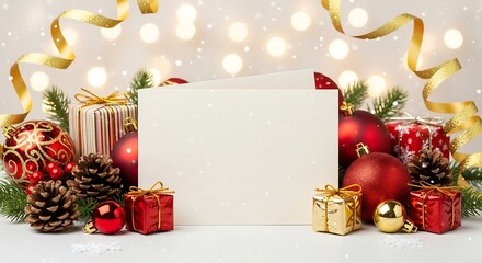 Christmas decorations with a blank card for a personalized message and holiday wishes.