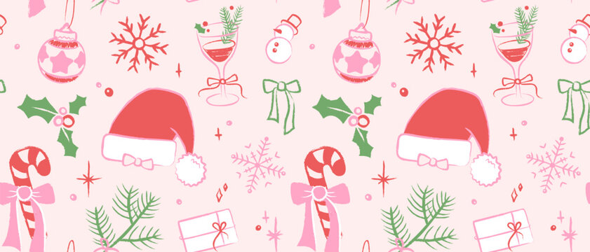 Christmas seamless pattern, festive holiday elements. Hand drawn Santa hats, holly leaves, snowflakes, bows and cocktails. Ornate pastel background for seasonal design, print, greeting card.