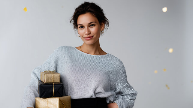 Stylish young woman wearing a shimmering silver knit top and glossy black skirt, holding a stack of beautifully wrapped presents in minimalist gold and black tones. The photo captu - Powered by Adobe
