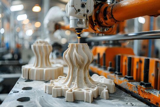 A modern workshop showcases advanced machinery creating detailed wood designs. The focus is on the precision cutting process, highlighting the craftsmanship involved in manufacturing