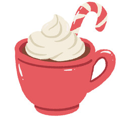 Cozy red mug of hot chocolate with whipped cream and candy cane hand drawn festive drink clipart for winter cafe Christmas and cozy bookshop designs