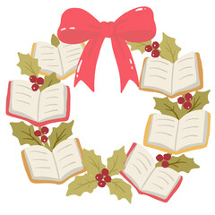 Unique Christmas wreath made of open books holly leaves and red bow cozy hand drawn clipart for book lovers libraries and festive reading decor