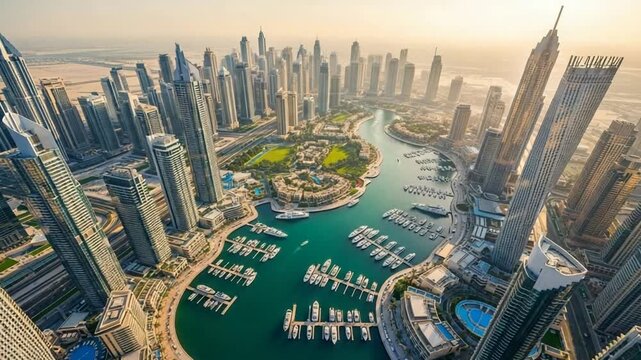 Aerial view of Dubai Marina skyscrapers and yachts at sunset luxury urban cityscape modern architecture waterfront development