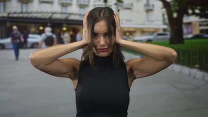 Young hispanic woman in black sleeveless top covering ears on busy street; sensory overload annoyance.