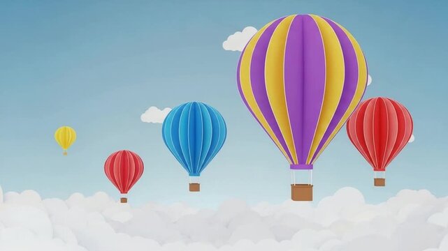 Colorful hot air balloons floating serenely above fluffy white clouds against a clear blue sky vibrant aerial adventure travel concept whimsical journey discovery exploration