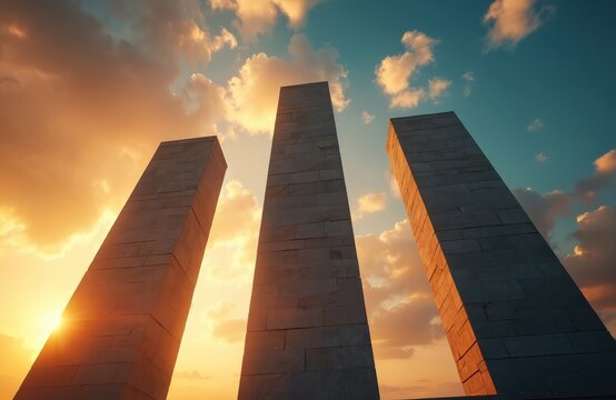 Three tall stone monuments stand against vibrant blue sky with scattered clouds at sunset. Pillars lit by warm golden sunlight. Orange hues illuminate scene. Stone structures tall, imposing. Clouds - Powered by Adobe