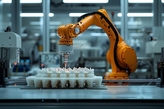 A robotic arm is precisely assembling white components in a high-tech manufacturing facility during daytime. The environment is clean and features advanced machinery