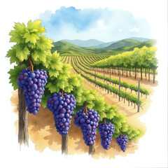 Naklejka premium Watercolor illustration of vineyard features rows of grapevines with ripe purple grapes. Scenic rural landscape shows blue sky, green hills. Agricultural farming concept viniculture production,