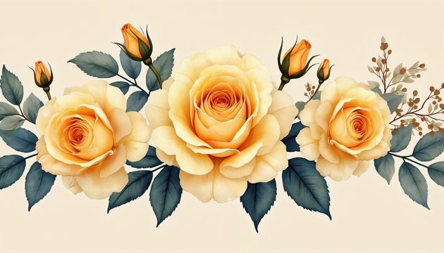 Close up watercolor roses border with buds and leaves. Soft yellow flowers bloom against a pale beige background creating elegant floral design. Botanical art for textile prints or scrapbooking.