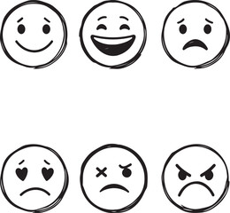 Hand drawn doodle emoticon set. Chalk or marker style smiley face sketch icon with various expression
