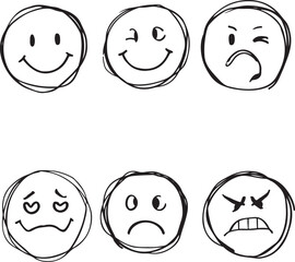 Face emoji icon set. Hand drawn doodle sketch style happy, angry, sad mood face emoticon background. Funny cartoon characters smile, wink, kiss emoji. ..
