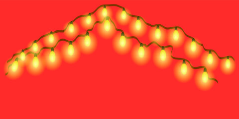 New Year banner. Circle of light forms magical border. Soft yellow bulbs hang on thread. Twinkling fairy lights glow in soft amber. Golden garland loops around festive corner.