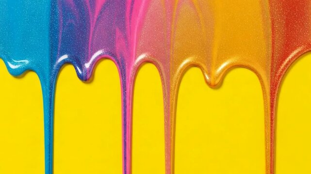 Vibrant rainbow glitter paint drips flowing down a bright yellow background abstract colorful liquid motion background
