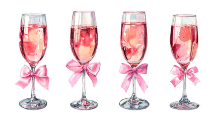 Set of glasses with pink champagne watercolor. Pink sparkling wine in a glass decorated with a pink bow. Romantic cocktails coquette. Cute low-alcohol pink drinks.