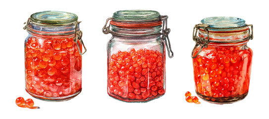 Watercolor set of glass jars with chevron caviar. Salted chevron fish caviar in jars. Seafood. Caviar for various and New Year's dishes. Black fish salted eggs.