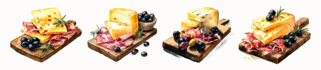 Wooden board with cuts of cheese, ham and olives. Assorted appetizers for wine. Hard cheese, jamon or prosciutto and olives. Exquisite snacks for alcohol.