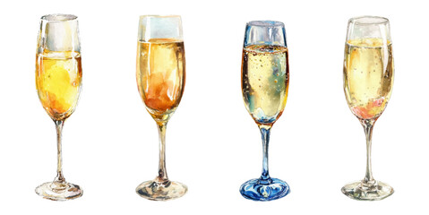 Watercolor set of champagne glasses. Sparkling sparkling wine in a glass goblet. Solemn and festive low-alcohol drinks. Christmas and New Year cocktails. © Narin