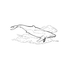 Fototapeta premium Majestic Whale Breaching Through Clouds in a Surreal, Dreamlike Sky Illustration