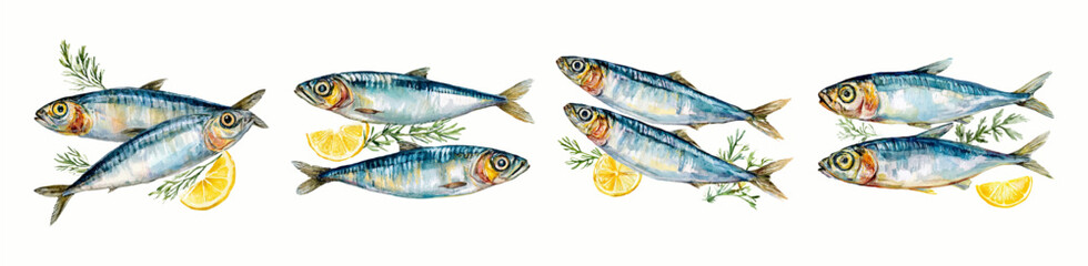 Fototapeta premium Watercolor set of sea fish with a slice of lemon and a sprig of rosemary. Mediterranean sardine with spices. Sardines. Mediterranean seafood.