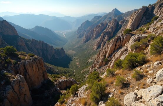 Aerial view reveals mountain valley in Spain. Rugged terrain features steep cliffs rock formations and green vegetation. Picturesque landscape scenic environment with clear sky natural beauty. - Powered by Adobe