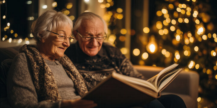 Elderly couple sitting together indoors, warmly dressed, flipping through a photo album near a glowing Christmas tree. The moment is tender and full of shared memories.