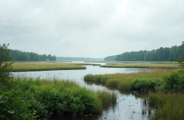 Scenic photo shows a tranquil river landscape. Calm water reflects the sky and vegetation. Lush green grass and trees surround river. A serene view of nature.