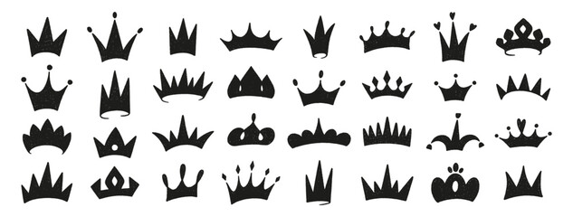 Crowns crayon icons set. King or queen crown silhouettes. Black doodles on white bg. Hand drawn prince and princess head accessories. Royal diadem, majestic tiara. Sketch of luxurious symbols, vector