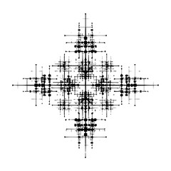 Abstract symmetrical design featuring black lines and geometric shapes on a white background in an intricate pattern