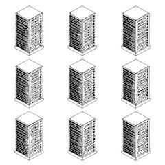 Isometric view of nine server racks arranged in a three by three grid on a white background showing detail
