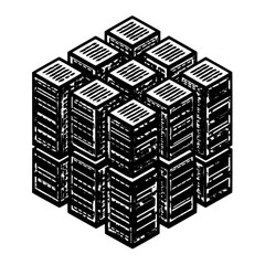 Isometric arrangement of black and white cubes with line patterns forming a larger cube shape design