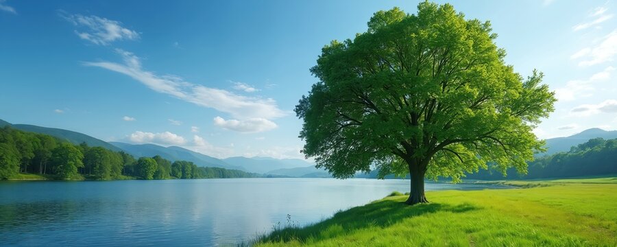 Vibrant green tree stands tall beside calm, reflective lake on sunny day. Lush grass slopes towards clear blue water, distant mountains under sky with wispy clouds.