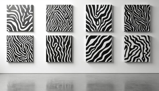 Abstract zebra print patterns on square canvases. Black and white artworks displayed on wall. Contemporary art design idea for modern interior decor. Stylish visual display.