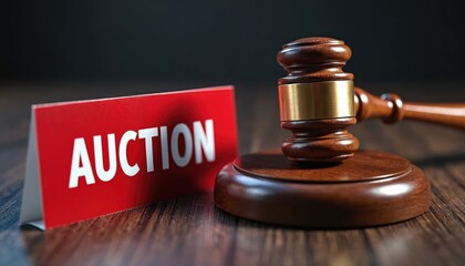 Auction gavel, sign on wood table. Symbol of business deal, legal rights financial trade. Auctioneer uses hammer. Law concept for justice court decisions. Close-up of wooden gavel. Bidding event for