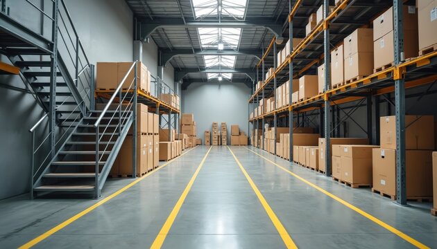 Large warehouse with racks of stacked cardboard boxes. Spacious storage facility for logistics, cargo distribution. Concrete floor yellow safety lines for transport. Industrial interior with metal